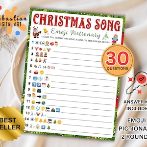 May include: A printable Christmas game with 30 questions. The game is called "Christmas Song Emoji Pictionary". Players guess the Christmas song based on the emojis provided. The game includes an answer key and is for two rounds.