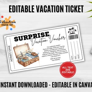 May include: A white vacation voucher with the text "SURPRISE Vacation Voucher" and "EDITABLE VACATION TICKET". The voucher features a suitcase illustration and the words "ALL TEXT ARE EDITABLE".