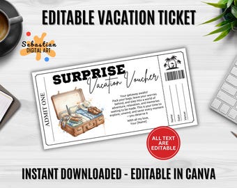 Editable Vacation Voucher Ticket | Printable Travel Gift Certificate | Canva Template | Holiday Trip Coupon | Digital Download Gift
