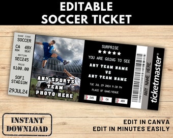 Editable Football Ticket, Soccer Tickets, Surprise Gift, Editable Soccer Tickets, Sports Event, Personalized Stub, Printable Canva Template