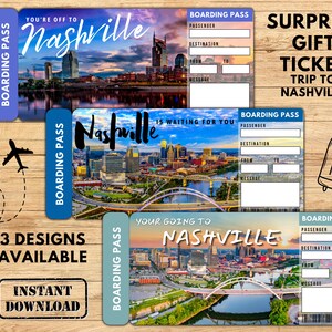 NASHVILLE Surprise Trip Gift Ticket. Boarding Pass. Printable Ticket. Trip Ticket. Vacation Ticket. Instant Download. Editable PDF File