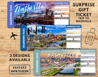 NASHVILLE Surprise Trip Gift Ticket. Boarding Pass. Printable Ticket. Trip Ticket. Vacation Ticket. Instant Download. Editable PDF File