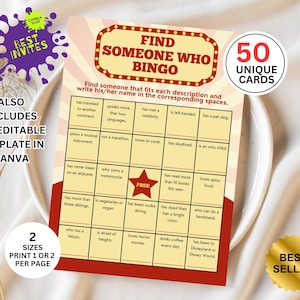 Printable Find Someone who Bingo. Get to Know You. Two Sizes. Editable template. Instant download. Bingo printable, find someone bingo