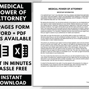 May include: A black and white image with the text "MEDICAL POWER OF ATTORNEY" in bold, white letters. The text "5 PAGES FORM WORD + PDF FILES AVAILABLE" is also in bold, white letters. The image also includes a black and white icon of a Microsoft Word document and a black and white icon of a PDF document. The text "EDIT IN MINUTES HASSLE FREE" is in bold, white letters. The text "INSTANT DOWNLOAD" is in bold, white letters. The text "Page 1 of 5" is in the bottom right corner of the image.