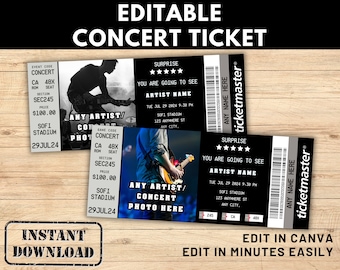Editable Concert Ticket Template, DIY Event Ticket, Custom Concert Ticket Gift, Surprise Printable Concert Tickets Gift Idea, Canva Template