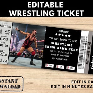 Op de afbeelding: Een zwart-wit ontwerp voor een worstelticket. Het ticket toont een worstelaar in actie en evenementdetails. Tekst omvat "EDITABLE WRESTLING TICKET", "INSTANT DOWNLOAD" en "EDIT IN CANVA".