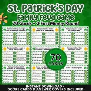 Könnte beinhalten: Ein St. Patrick's Day Family Feud Spiel mit 70 Karten und 2 schnellen Geldrunden. Das Spiel bietet verschiedene Kategorien, darunter Dinge, die am Ende eines Regenbogens gefunden werden, grüne Gegenstände und irische Getränke. Das Spiel beinhaltet Spielkarten und Antwortumschläge.