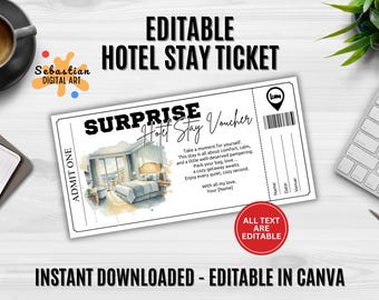 Editable Hotel Stay Ticket Voucher | Printable Vacation Gift Certificate | Travel Gift Idea | Digital Download | Canva Template
