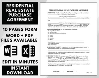 May include: A black and white image of a document with the text "RESIDENTIAL REAL ESTATE PURCHASE AGREEMENT" at the top. The document is a 10-page form available in Word and PDF formats. The text "EDIT IN MINUTES" and "INSTANT DOWNLOAD" are also visible.