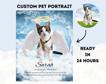 Pet Loss Memorial Portrait, Custom Digital Pet Portrait, Angel Wings and Halo, Cat Portrait, Dog Portrait, Digital print, pet gift, memorial