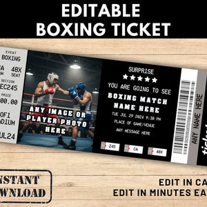 Puede incluir: Un diseño de boleto de boxeo editable con una foto de dos boxeadores en el ring. El boleto incluye detalles del evento, un código de barras y el texto "EDITABLE BOXING TICKET". El boleto está diseñado para ser personalizado.