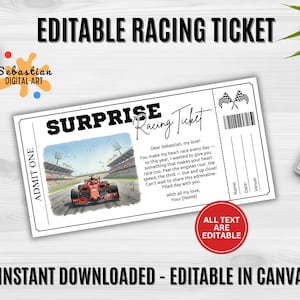 May include: A white racing ticket with the text "SURPRISE Racing Ticket" and "ADMIT ONE". The ticket features a watercolor illustration of a red race car on a track. The text "ALL TEXT ARE EDITABLE" is in a red circle.