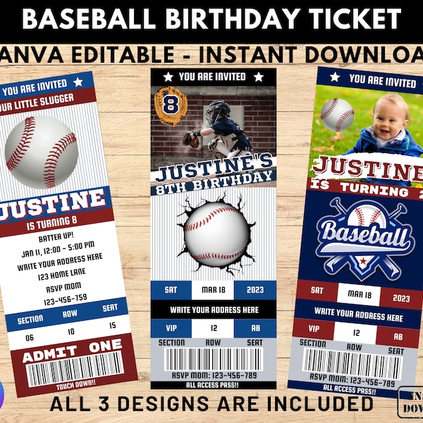 Baseball Ticket Birthday Invitation, Baseball Invitation, Birthday Sports Ticket, ANY Age, DIGITAL Editable Printable Invite - Edit Canva