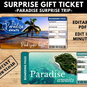 PARADISE Surprise Trip Gift Ticket. Boarding Pass. Printable Ticket. Trip Ticket. Vacation Ticket. Editable PDF Instant Download