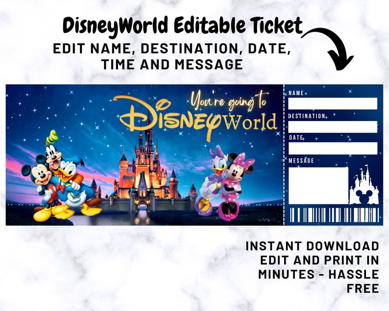 Surprise Disneyland Ticket, Disneyworld Ticket, Editable Ticket, Surprise Reveal Ticket Gift, Instant Download, Theme Park ticke image 3