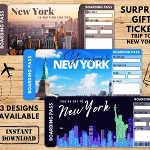 Billet cadeau voyage surprise à NEW YORK. Carte d'embarquement. Billet imprimable. Billet de voyage. Billet vacances. Téléchargement instantané. Fichier PDF modifiable
