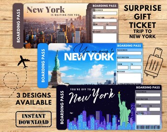 Boleto de regalo sorpresa para viaje a Nueva York. Tarjeta de embarque. Boleto imprimible. Boleto de viaje. Boleto de vacaciones. Descarga instantánea. Archivo PDF editable.