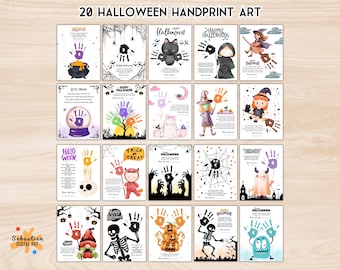 May include: A collection of 20 Halloween-themed handprint art prints. Each print features a handprint incorporated into a Halloween design, such as a witch, cat, or ghost. The prints include the text "Happy Halloween" and "Trick or Treat".