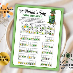 Puede incluir: Un juego de descifrado verde del Día de San Patricio con una ilustración de duende. El juego incluye una clave y una hoja de respuestas. El texto del juego dice "St. Patrick's Day Code Breaker" y "Answer Key Included."