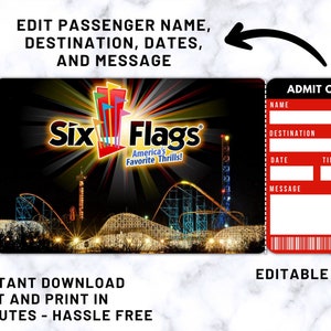Printable SIX FLAGS Surprise Gift Ticket. Boarding Pass. Trip Ticket ...