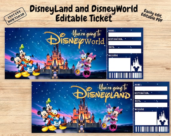 Surprise Disneyland Ticket, Disneyworld Ticket, Editable Ticket, Surprise Reveal Ticket Gift, Instant Download, Theme Park ticke