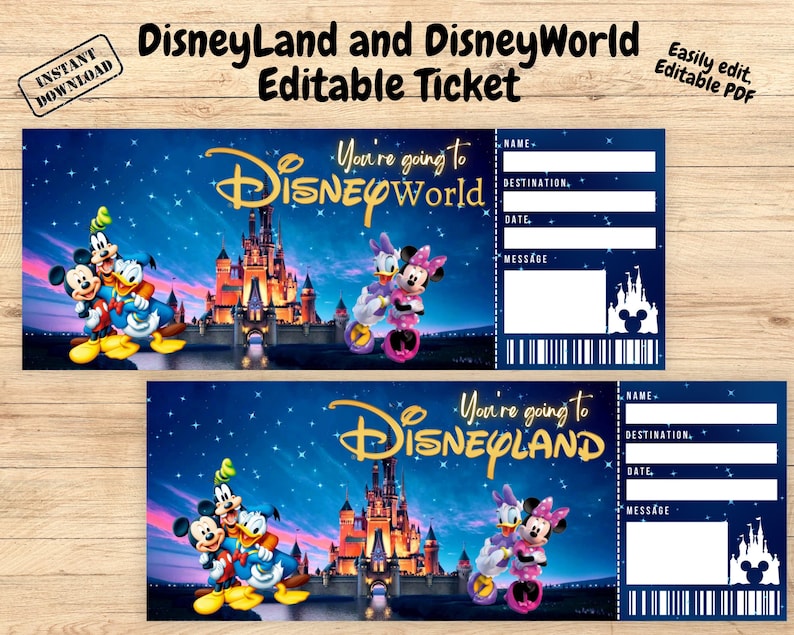 Surprise Disneyland Ticket, Disneyworld Ticket, Editable Ticket, Surprise Reveal Ticket Gift, Instant Download, Theme Park ticke image 1