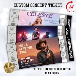 Puede incluir: Entradas de concierto personalizadas con tres diseños diferentes. La entrada superior es para el Sweet Echoes Tour de Celeste, otoño de 2025. La entrada del medio presenta una banda. La entrada inferior es para el Dust & Harmonies Tour, Johnny Cashmere, otoño de 2026. Las entradas están etiquetadas como "ticketmaster".