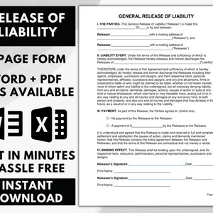 Release Form, Release of Liability, Hold Harmless (Indemnity) Agreement - General Release of Liability