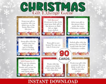 May include: A set of 90 Christmas gift exchange game cards with various festive themes. The cards are printed on white cardstock with colorful borders and feature fun and creative gift exchange ideas.