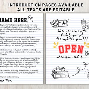 May include: Notebook paper design with text: "INTRODUCTION PAGES AVAILABLE, ALL TEXTS ARE EDITABLE." The left page has the text "NAME HERE" and a message. The right page has the text "Here are some gifts to help you get through the year!!! OPEN when you need it..."