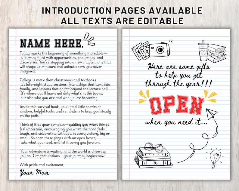 May include: Notebook paper design with text: "INTRODUCTION PAGES AVAILABLE, ALL TEXTS ARE EDITABLE." The left page has the text "NAME HERE" and a message. The right page has the text "Here are some gifts to help you get through the year!!! OPEN when you need it..."