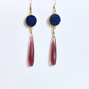 Gold Druzy Earrings, Amethyst Dangle Earrings, Birthday Gift For Mom, Purple Earrings