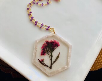 Pressed Flower Necklace, Dried Flower Pendant