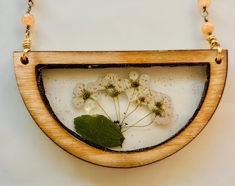 Wood Resin Necklace, Pressed Flower Necklace, Botanical Necklace