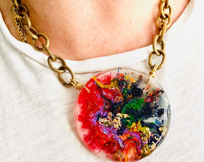 Resin Necklace, Resin Jewelry, Statement Jewelry, Rainbow Necklace, Colorful Necklace, Gold Leaf Necklace