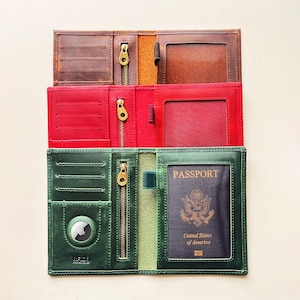 Funda de cuero para pasaporte AirTag, funda de cuero personalizada para pasaporte, estuche personalizado para pasaporte, organizador de documentos de viaje, protector, regalo de viaje