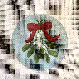 May include: Needlepoint design featuring a sprig of green mistletoe with white berries, a red bow, and green leaves. The design is set against a light blue background, perfect for holiday crafts.