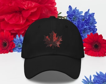Klasyczny kapelusz taty z haftowanym czerwonym liściem klonu – czapka inspirowana Kanadą