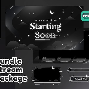 Paquete de transmisión animada Sky Dream para Twitch y YouTube / Tema kawaii / Regalo / Color oscuro / Panel / Superposición / Lindo / Blanco y negro / Galaxia