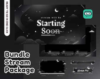 Sky Dream Animated Stream Pack for Twitch, Youtube | Kawaii Theme | Gift | Dark Color | Panel | Overlay | Cute | Black & White | Galaxy