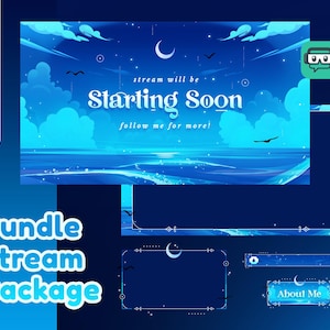Night of the Ocean Animated Stream Pack for Twitch, Youtube, Twitch Overlay Blue, Sea Overlay, Panel, Transition, Alert, Night Sea Twitch