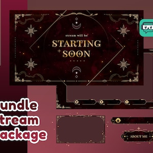 May include: A digital stream package with a burgundy and gold celestial design. The main graphic reads "STARTING SOON" and includes star and moon accents. Additional elements include an "About Me" button and other overlay graphics. Text reads "READY TO GO IN ONE CLICK" and "Bundle Stream Package."