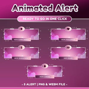 以下が含まれることがあります： ピンクと紫のグラデーションの背景を持つデジタルグラフィック。上部には「Animated Alert」というテキストがあります。その下には、「New Subscriber」、「New Follower」、「New Donation」、「New Raid」、「New Cheer」というテキストラベルが付いた5つのアニメーションアラートボックスがあります。