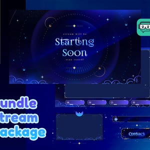 Pacote de transmissão animada Sapphire Skyline para Twitch, Youtube | Tema Galaxy | Astro | Cor escura | Painel | Sobreposição | Fofo | Azul | Celestial