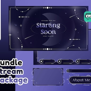 May include: A digital stream overlay bundle featuring a dark purple celestial theme with moon and star motifs. The graphics include a Starting Soon screen, various rectangular frames, and an About Me button, all accented with thin white lines.