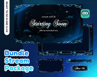 Emerald Cloudscape Animated Stream Pack for Twitch, Youtube | Galaxy Theme | Astro | Dark Color | Panel | Overlay | Cute | Blue | Celestial