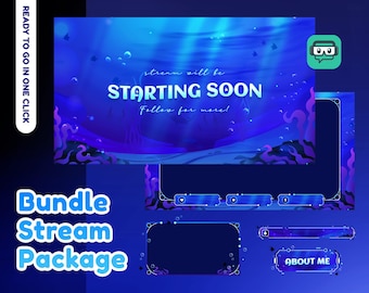 Tiefblauer Ozean Animierter Stream Pack für Twitch, Youtube, Blaues Twitch Overlay ,Sea Overlay, Panel, Übergang, Alarm, Watery Theme Twitch