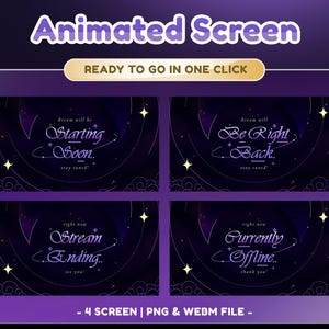 May include: Animated screen design with four different layouts. Each layout has a dark purple background with white text and star accents. The text includes phrases like "Starting Soon" and "Be Right Back."