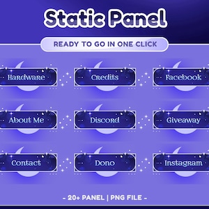Op de afbeelding: Een digitale afbeelding met een paars en blauw thema, met de tekst "Static Panel" en verschillende knopontwerpen. Elke knop heeft een donkerblauwe achtergrond met witte tekst, waaronder "Hardware", "Credits", "Facebook", "About Me", "Discord", "Giveaway", "Contact", "Dono" en "Instagram".