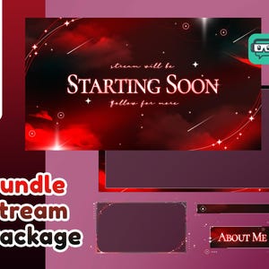 May include: A digital stream package with a red and black theme. The main banner reads "STARTING SOON" with a starry design. Additional elements include an "ABOUT ME" button and other overlay graphics. The words "Bundle Stream Package" are also visible.
